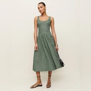 Reformation Roslyn Linen Dress In Cactus Check, brand new, never worn, no flaws.
